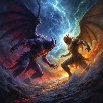 The primary subject of the image is a pair of demonic-looking creatures, possibly dragons or other mythical beings, standing on a rocky surface. The setting appears to be a dark, stormy sky, with a backdrop of clouds. The visual style of the image is a digital art or illustration, with a dramatic and intense atmosphere. The dominant colors in the image are dark, with the creatures and the sky being the main focus.